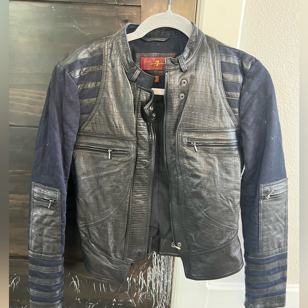 Leather and cotton mixed medium leather Moto jacket